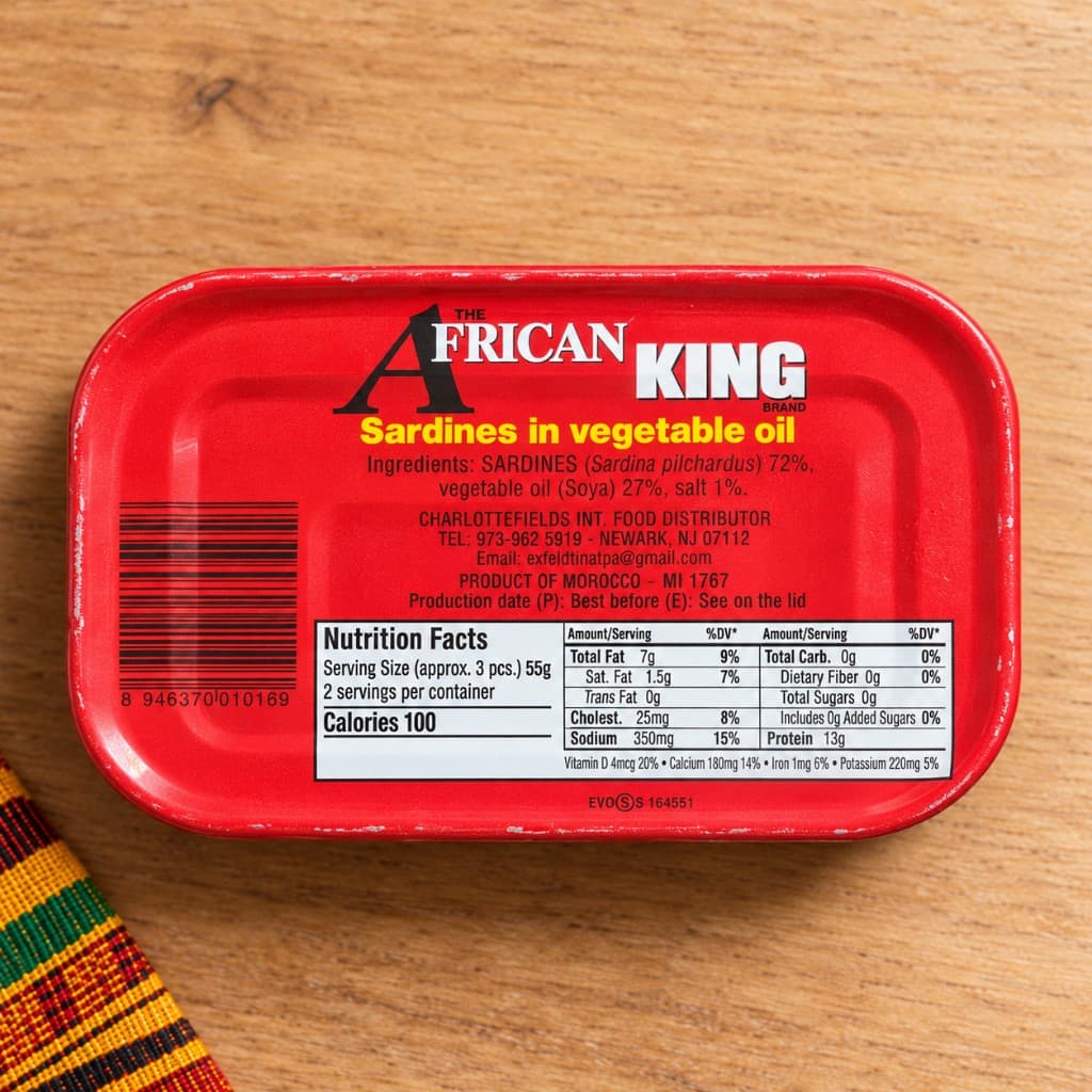 Back of the African King sardines tin, showing ingredients and nutrition facts.